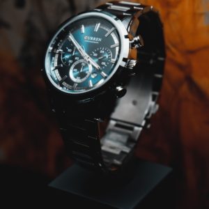 silver link bracelet round chronograph watch